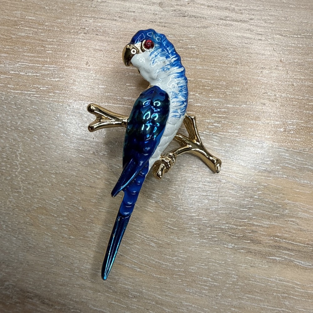 Vintage Parrot Brooch Bird On Branch Blue Enamel Gold Tone Crystal Eye  Pin